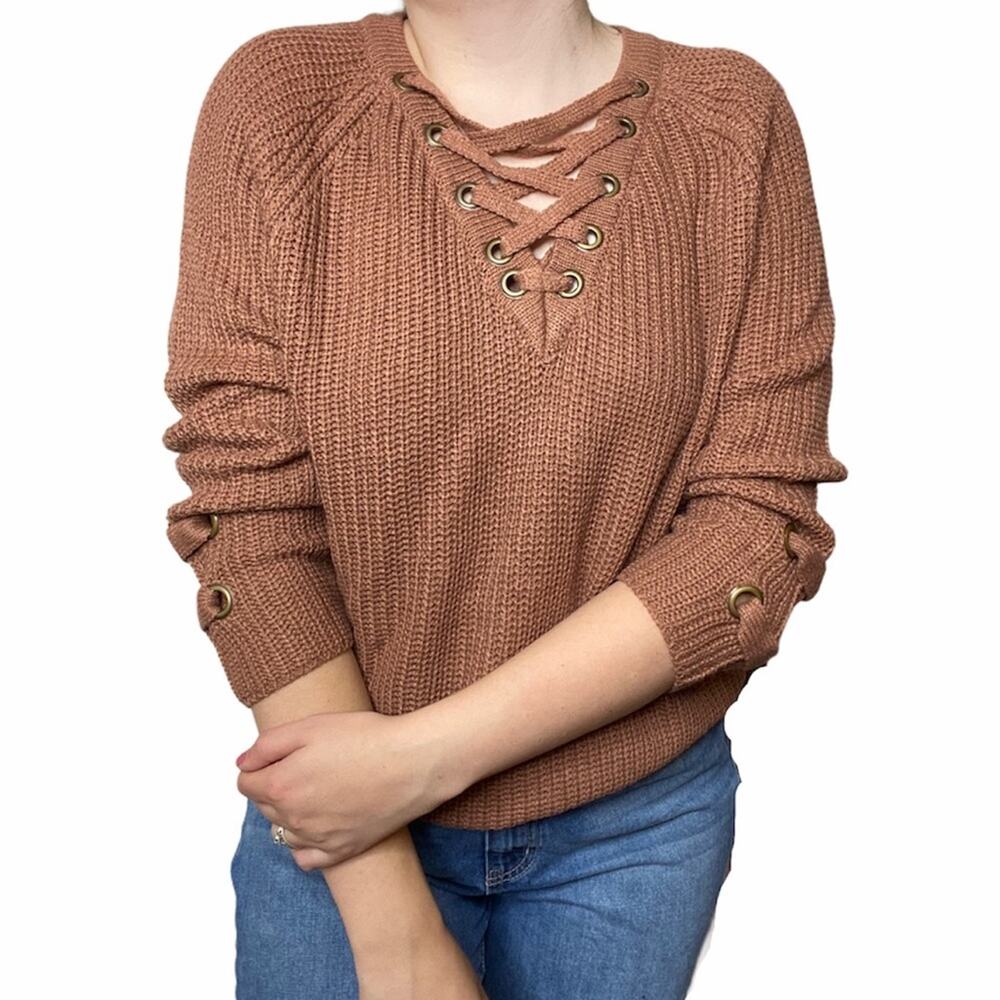 Poof Brown Copper Rust Neutral Knit Tie Up V Neck Sweater DDD8